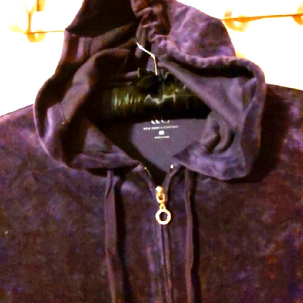 💜🍇💜 Awesome Cozy Rhinestone Deep Grape Purple Velvet Velour Hoodie Jacket - L - Picture 11 of 14